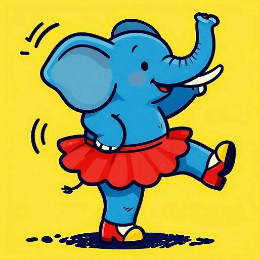 Cartoon blue elephant dancing on one leg, wearing a red tutu and red shoes, with a yellow background.