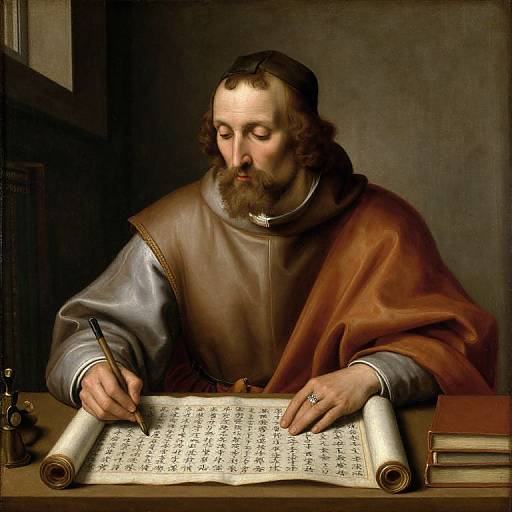 Baroque painting of a bearded, brown-haired man in brown and silver robes, writing on a scroll with a quill, ring on finger.
