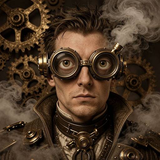 Photograph of a serious, brown-haired man with steampunk goggles, surrounded by smoke and golden gears, wearing a brown leather jacket.