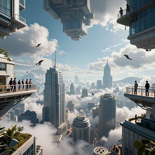 Digital art of a futuristic cityscape with floating buildings, people on balconies, birds flying, and skyscrapers shrouded in clouds. Bright