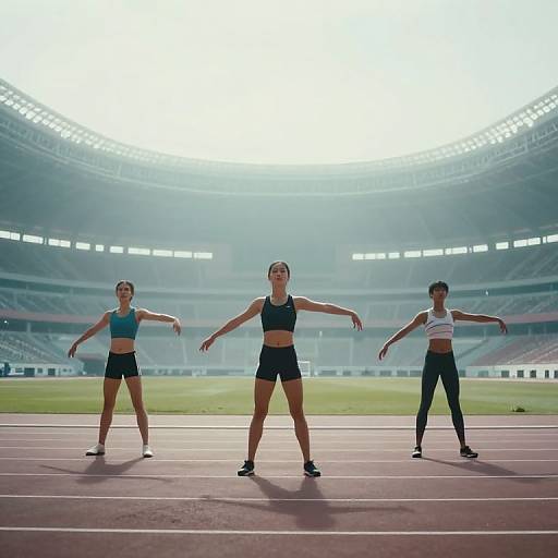 Photograph of three fit women in sports bras and shorts, performing arm stretches on a track in a bright, empty stadium.