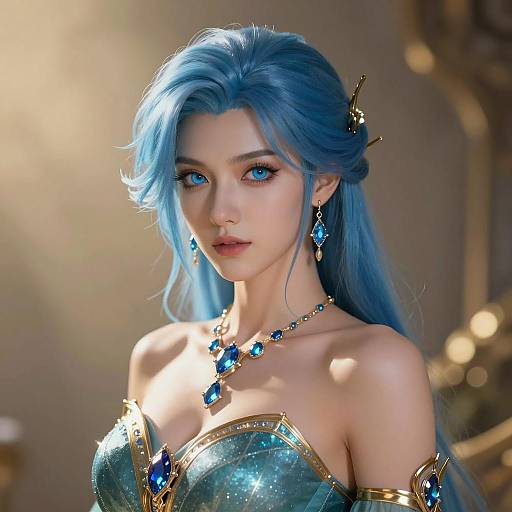 Fantasy Woman with Blue Hair and Jewelry