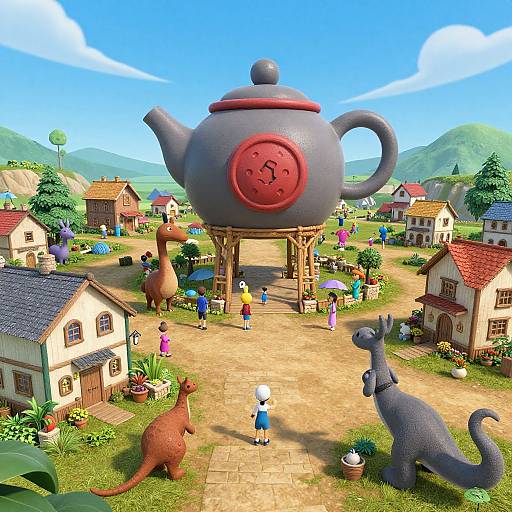 CGI village scene with oversized gray teapot centerpiece, colorful houses, and cartoon kangaroos, people, and a child in the foreground. Bright