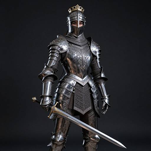 Photorealistic CGI of a medieval knight in shiny, detailed silver armor with a crown, holding a sword, against a dark background.