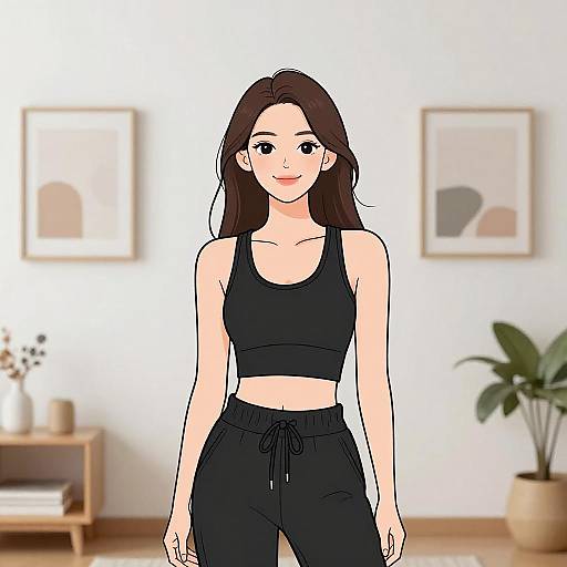 Digital anime-style drawing of a fair-skinned woman with long brown hair, wearing a black sports bra and black pants, standing in a minimalist living room