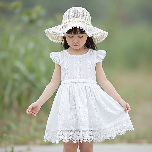 Photograph of an Asian girl with straight black hair, wearing a white lace dress and wide-brimmed hat, standing outdoors with green blurred background.