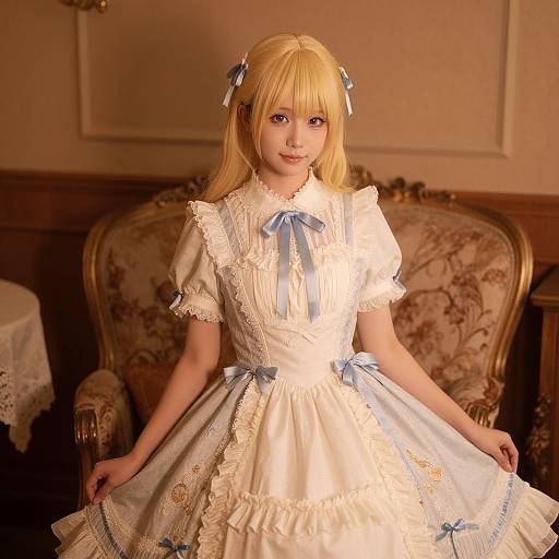 Photograph of a young Asian woman with blonde hair in a blue-bowed, white, Victorian-style dress, seated in an ornate, floral-pattern