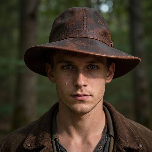 Photograph of a young, Caucasian man with blue eyes, freckles, and short hair, wearing a worn, brown fedora and brown jacket
