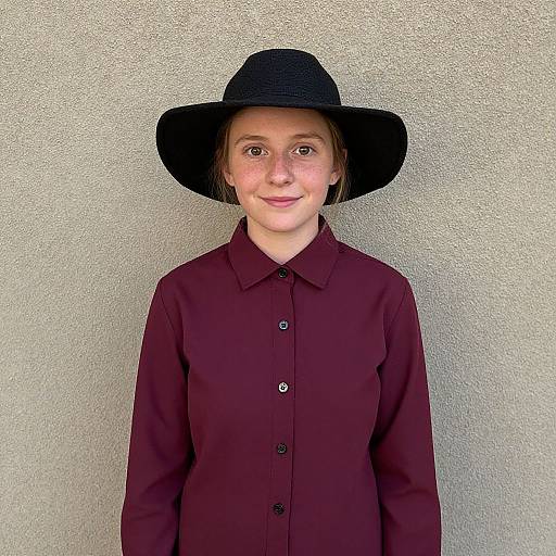 Photograph of a young woman with fair skin and brown eyes, wearing a black wide-brimmed hat and maroon button-up shirt, standing against