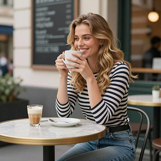 Cheerful Woman Enjoying Coffee in Cafe