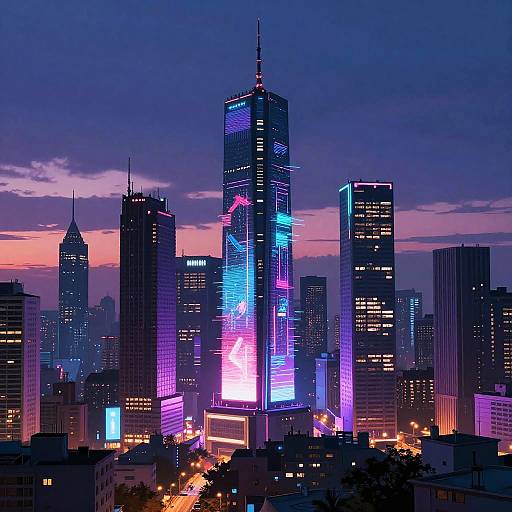 Digital artwork of a futuristic city skyline at dusk, featuring brightly illuminated skyscrapers in purple, blue, and pink neon lights, with a vivid orange
