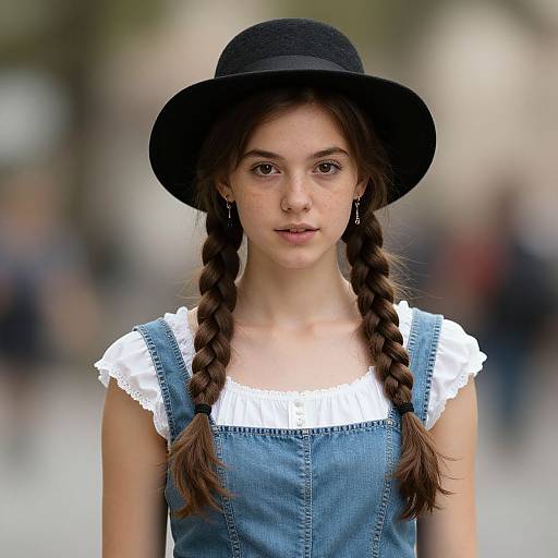 Photograph of a young woman with fair skin, brown eyes, and long braided brown hair, wearing a black wide-brimmed hat, blue