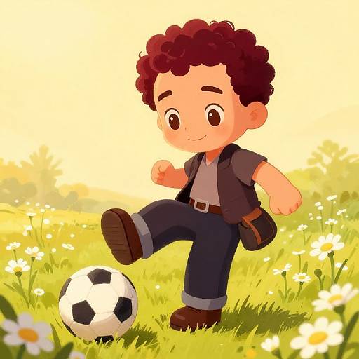 Curly Haired Boy Kicking Soccer Ball
