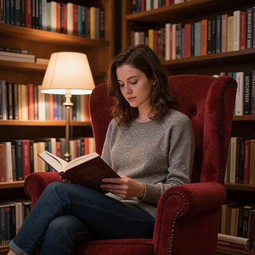 Photograph of a young woman with wavy brown hair, wearing a gray sweater and blue jeans, reading a book in a red armchair, lit