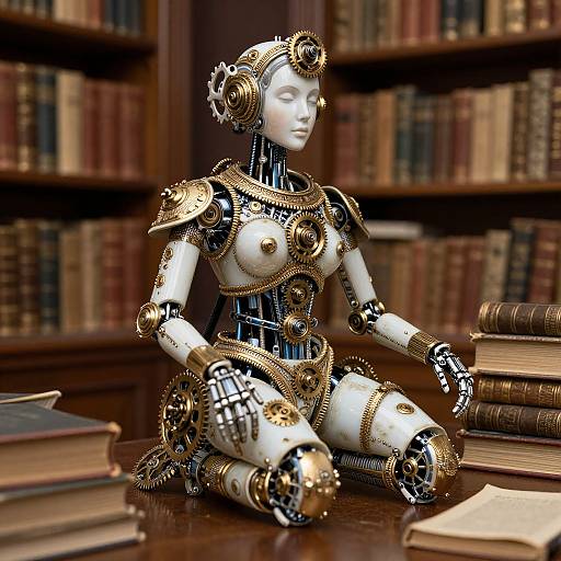 Photograph of a steampunk-style female robot with gold and black gears, sitting on a wooden library table, surrounded by stacked books.