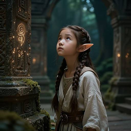 Photorealistic CGI of a young girl with elf ears, braided hair, white shirt, and brown dress, gazing at glowing runes on moss