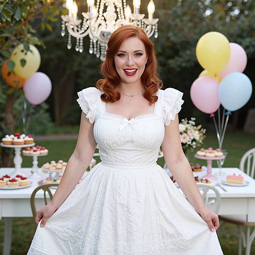 Photograph of a red-haired woman in a white lace wedding dress, smiling, standing in a garden with a chandelier, colorful balloons, and a