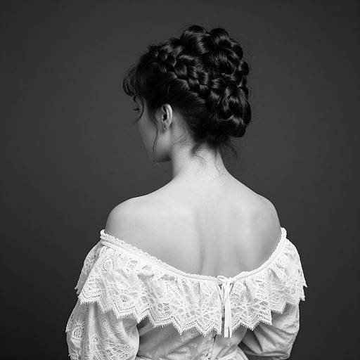 Black-and-white photograph of a woman with braided updo, wearing an off-shoulder lace top, facing away, against a dark background.