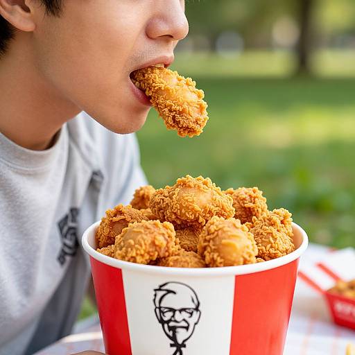 Photograph: Asian man with short black hair, wearing white shirt, eats crispy fried chicken pieces from red and white cup outside.