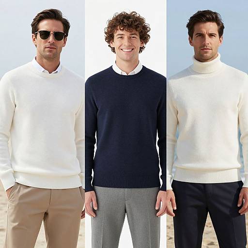 Photograph of three men with curly and straight dark brown hair, wearing white and navy sweaters, sunglasses, beige and gray pants, standing against white