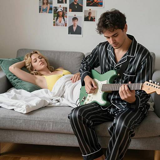 Man Playing Guitar While Woman Lies on Couch