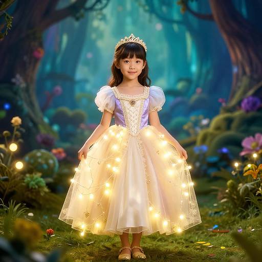 Photograph of a young Asian girl in a white, glittering fairy dress adorned with glowing lights, wearing a tiara, standing in a magical,