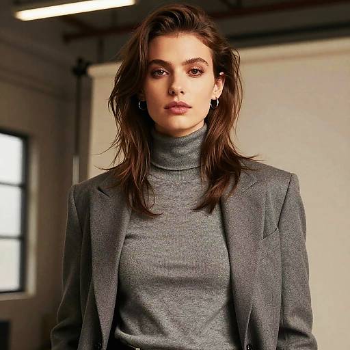 Woman with Gibson Tuck Hairstyle in Turtleneck and Blazer