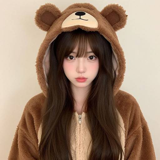 Photograph of an East Asian woman with long black hair, wearing a brown bear-themed hoodie with bear ears and face, against a plain white background.