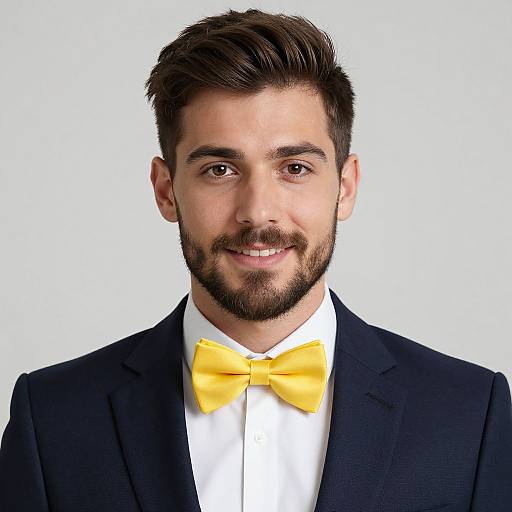 Photograph of a smiling, bearded man with dark hair, wearing a black suit, white shirt, and bright yellow bow tie against a plain white