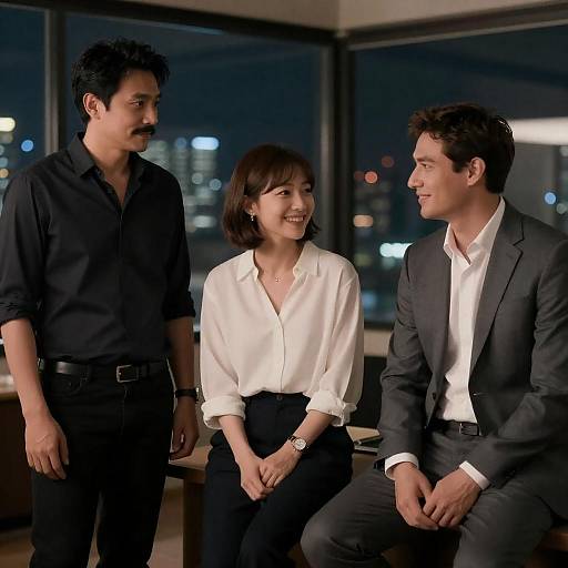 Three Professionals Smiling in Office at Night