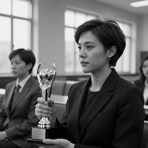 Focused Woman with Trophy in Hall
