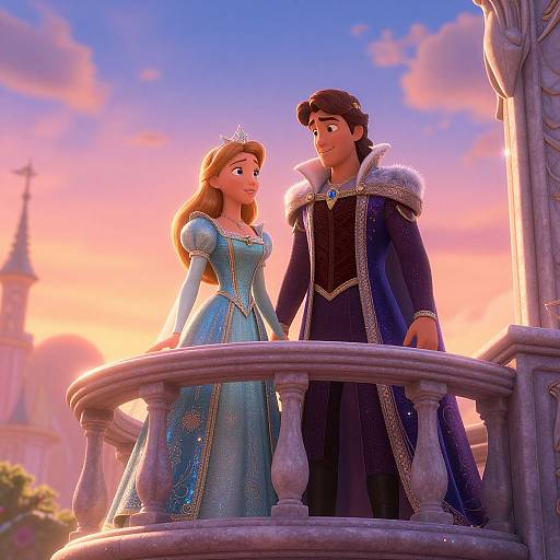 Digital CGI image of Disney's Frozen characters, Rapunzel and Prince Eric, standing on a stone balcony at sunset, wearing royal attire.