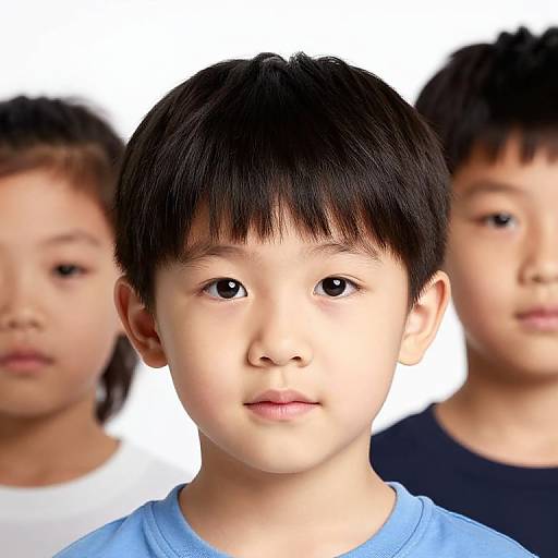 Photograph of a young Asian boy with short black hair, wearing a light blue shirt, in focus, with two blurred children in the background. White