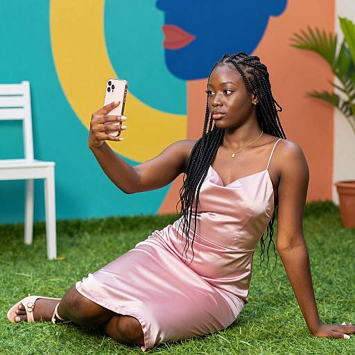 Black woman taking selfie in pink satin dress
