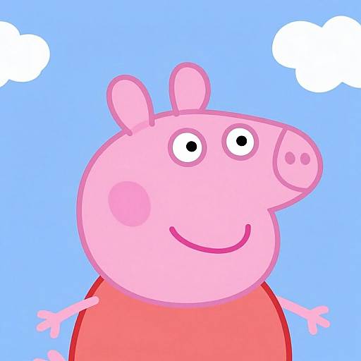 Cartoon pink pig with simple features, smiling, against a bright blue sky with two white clouds. Digital drawing style.