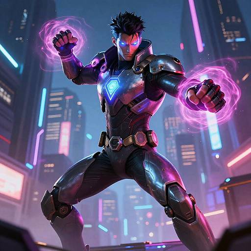 CGI digital art of a muscular, dark-haired superhero in neon-lit city, glowing blue and pink energy rings around fists, futuristic armor, bright