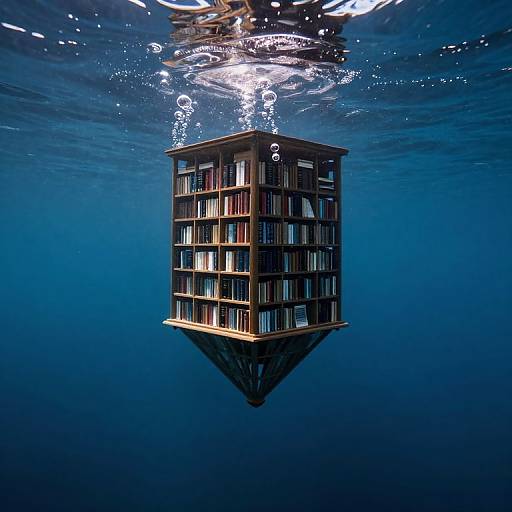 Photograph of a floating, wooden bookshelf island submerged underwater, illuminated by sunlight, with bubbles rising from the top.