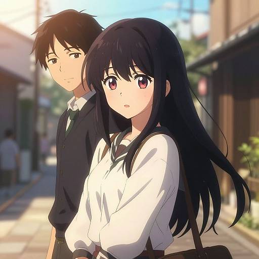 Anime-style drawing of a shy black-haired girl with large pink eyes in a white blouse, and a serious black-haired boy in a vest, standing on