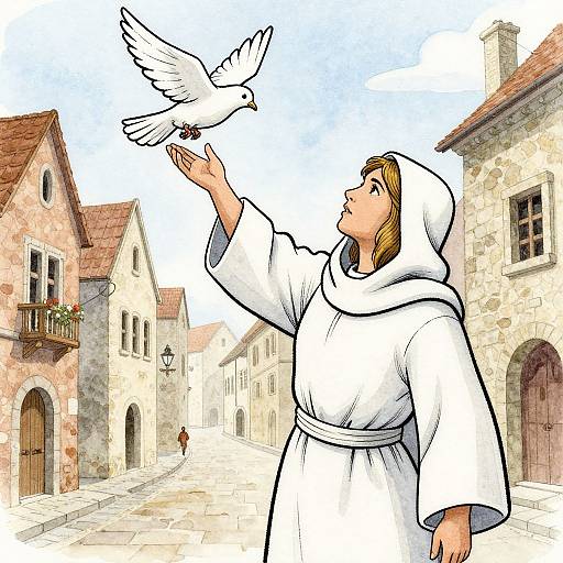 Illustration of a young woman in a white robe offering a seed to a white dove in a quaint, stone European village.
