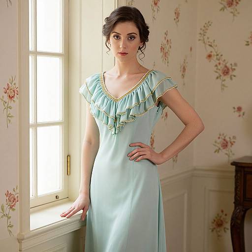 Photograph of a fair-skinned woman with dark hair in an updo, wearing a light blue, ruffled, vintage-style dress, standing by