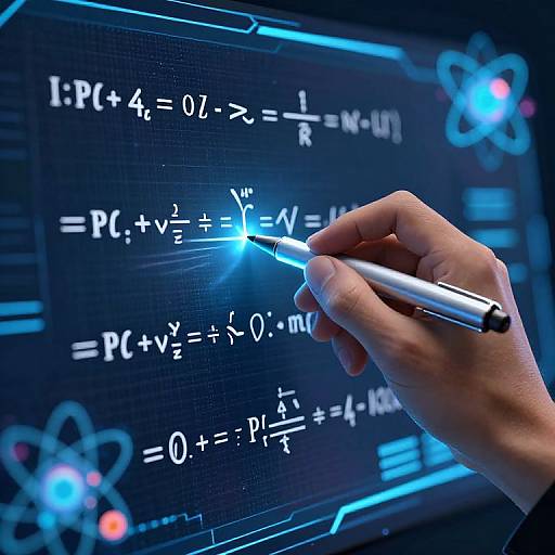 Photograph of a hand holding a silver pen highlighting a mathematical equation on a glowing blue digital screen displaying complex formulas.