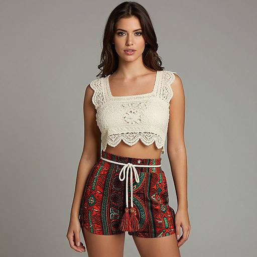 Photograph of a dark-haired woman with light brown skin wearing a white crocheted crop top and colorful, patterned high-waisted shorts against