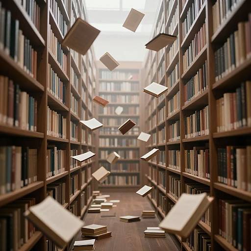 Photograph of a library aisle with tall wooden bookshelves on both sides, books flying through the air, creating a magical, whimsical scene.