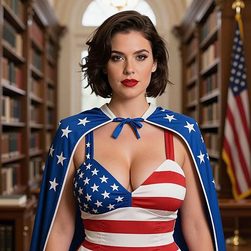 Digital art of a brunette woman with red lipstick, wearing a revealing American flag dress and cape, standing in a library.