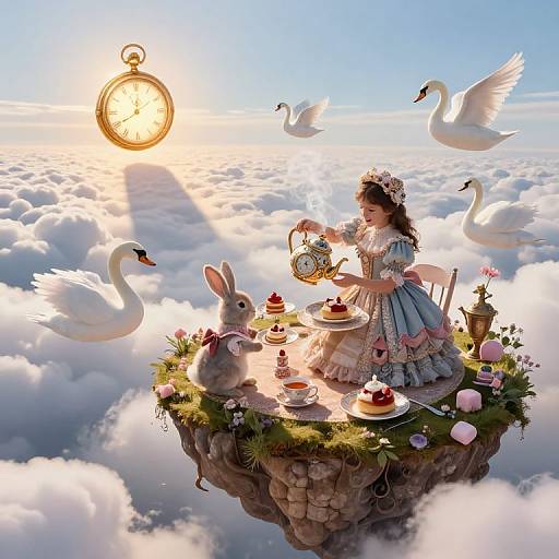 Fantastical digital artwork: Princess in blue dress with flower crown, teapot, and teacup, floating on cloud island with swans,