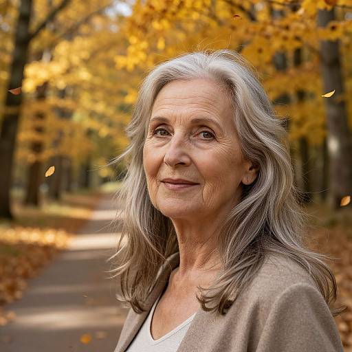 Photograph of an elderly woman with silver hair, smiling, wearing a brown cardigan and white top, standing on a autumnal path.