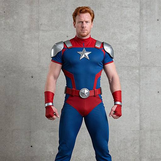 Photograph of a muscular man with red hair in a blue and red Star-Spangled Man suit with silver shoulder armor, standing against a gray concrete