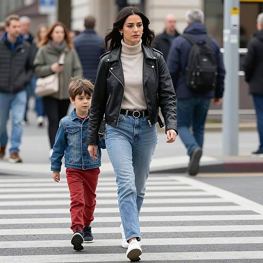 Woman and Child Walking on Zebra Crossing