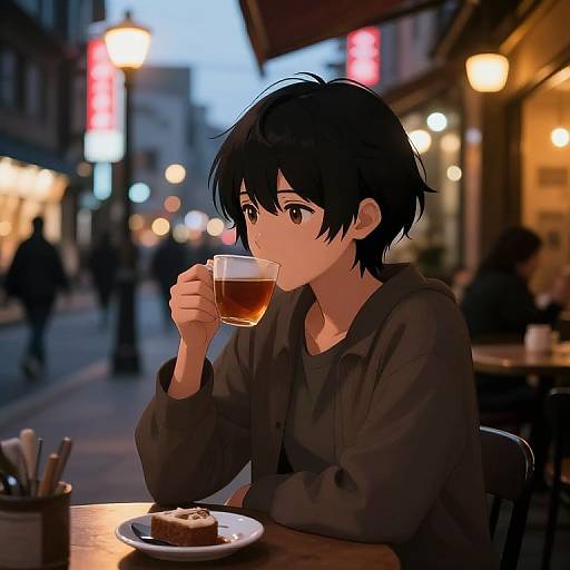 Digital anime-style drawing of a black-haired, brown-eyed boy sipping tea at an evening street café, with blurred lights and people in the background.