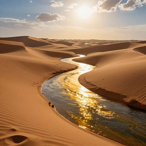 Photograph of a sunlit desert oasis with golden sand dunes, rippling shadows, a winding, glistening river reflecting sunlight, and a partly